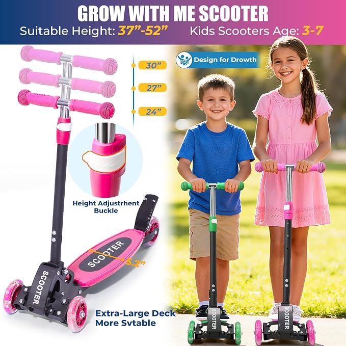 3 Wheel Scooter for Kids Ages 3-12, LED Light-Up Kids Kick Scooter–Portable Foldable, Adjustable Height, Durable Metal Construction, 6" Extra Wide Deck for Outdoor Activities,Child Safety Certified