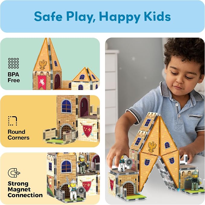 PicassoTiles 70pc Middle Age Medieval and Castle Theme Tile 2in1 8 Character Action Figures Magnet Tiles Building Block Pretend Magnetic Play Fine Motor Skill STEM Educational Construction Age3+ PTQ01