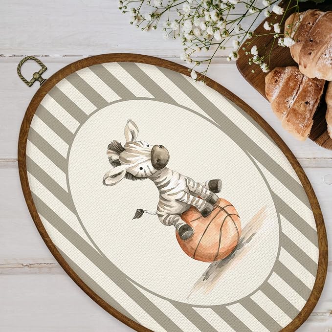 WULQYING Vintage Zebra Basketball Nursery Wall Art Decor, Sports Oval Framed Canvas Art Prints, Neutral Striped Zebra Basketball Wall Hanging Decor for Kids Boy Nursery Room Playroom, 8.5x11.4 Inches