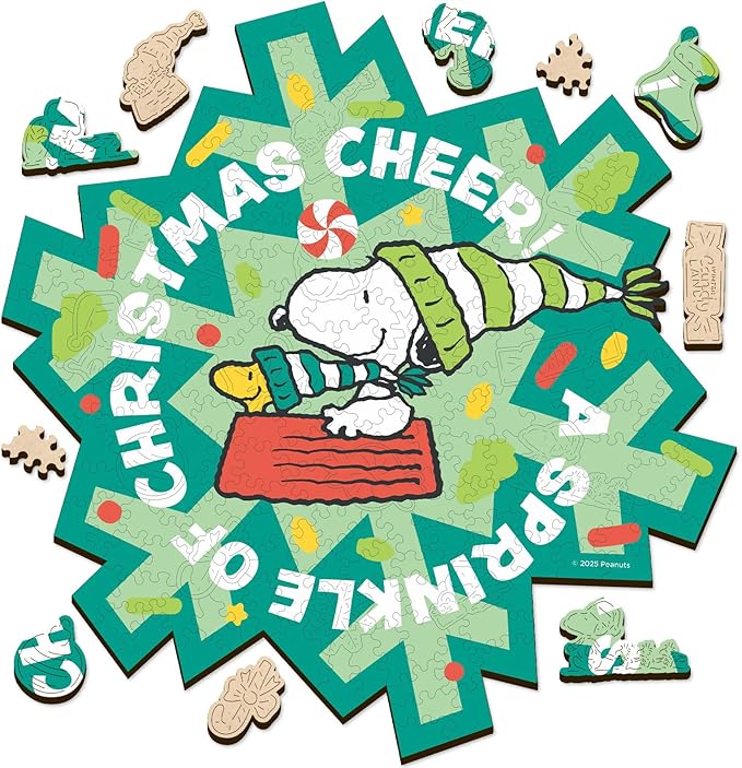 Peanuts Snoopy Puzzles for Adults – Christmas Cheer Wooden Jigsaw Puzzles, 200 Pieces Unique Shaped Woodstock Puzzle, for Kids, 5MM Thick, Officially Licensed Merchandise, 11" x 11"
