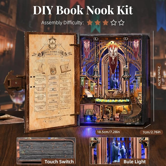 MiniCity DIY Book Nook Kits for Adults, Miniature Dollhouse Booknook Kit, 3D Wooden Puzzle Creative Decorative Bookends Bookshelf Diorama Insert Crafts Hobbies Gifts (Magic Admissions Guide)