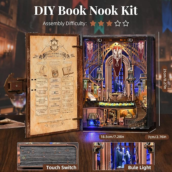 CCCDF Book Nook Kit - DIY Miniature House Magic Book, DIY Miniature House Tiny House Bookshelf Decor 3D Wooden Puzzle, Gifts for Family, Friends (Magic Admissions Guide)