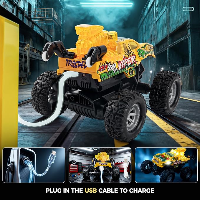 BEZGAR Mini Monster Truck Toys - 2.4GHz 1:64 Remote Control Car with Colorful Lights, 360° Spins, Metal Shell - Remote Control Monster Truck for Boys Girls Age 3, 4, 5, 6, 7, 8 Years Old(Yellow)