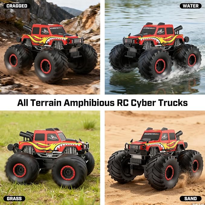WayEee Remote Control Car Toys for Kids 6+, RC Car Waterproof Monster Truck Toys, Amphibious 4X4 Pickup, All Terrain Off-Road Vehicles, 2.4GHz Remote Control, 1/18 Scale RC Truck Boys Gifts/Red