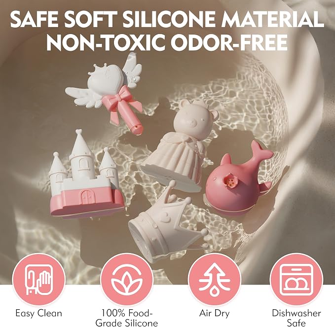 MarcZero Princess Silicone Bath Toys 8Pcs for Toddlers Kids Babies,Bathtub Water Toys,Soft Squeezable Easy-Grip Pool Toys Set (Peach Pink)