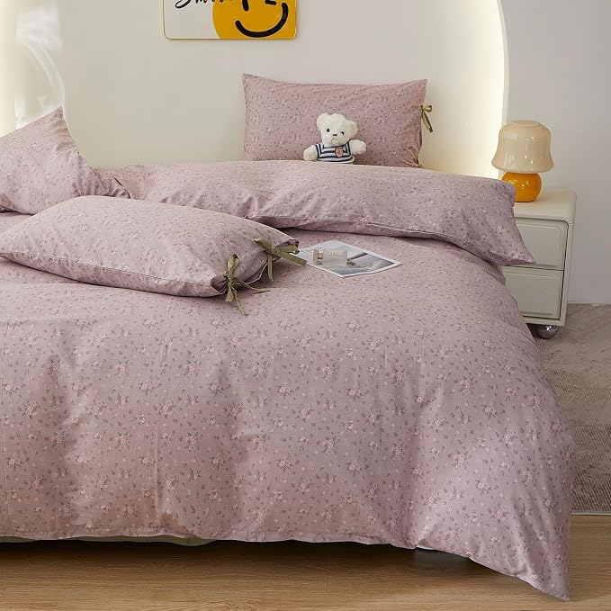 Purple Floral Comforter Set Queen, 3 Pieces Cottagecore Aesthetic Cute Flowers Comforter Set for All Seasons, Coquette Floral Mauve Bedding Vintage Botanical Comforter with 2 Bow Ties Pillowcases