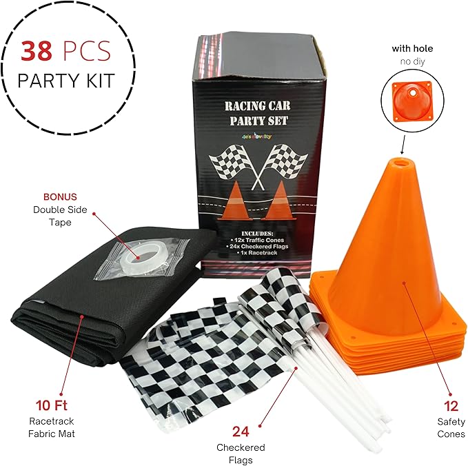 4E's Novelty 38 Pieces Set - 12 Traffic Cones With Hole on Top, 24 Checkered Flags, Racetrack Floor Runner - for For Race Car Birthday Party Supplies, Table Centerpiece Decorations Kids Gift