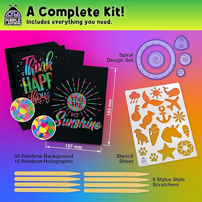 PURPLE LADYBUG Rainbow Scratch Art Paper, 79 PCS Creative Drawing Paper & Stencils - Arts and Crafts for Ages 4-12, Kids Craft Activity Set, Summer Activities for Kids, Travel & Wedding Activities