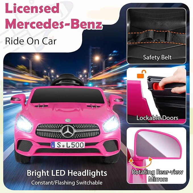 Costzon Ride On Car, 12V Licensed Mercedes Benz Electric Vehicles with Parent Remote Control, LED Headlights, Music & Wireless Connection, Kids Car for Boys Girls Aged 3-8 (SL500,Pink)