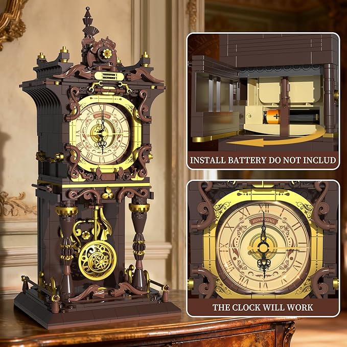 Vintage Swing Clock Building Blocks Set, Real Working Moving Pendulum & Rotating Dial, Mechanical Building Blocks Toys, Gift for Adults Teens Girls Boys 12+, Retro Steampunk Home Decor