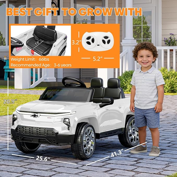 24V Licensed Chevrolet Silverado EV Electric Car for Kids, Ride on Toys for Toddlers with Remote Control, Soft Start, Wide Seat, 3 Speed, LED Lights, Music Player, Birthday Gift, White