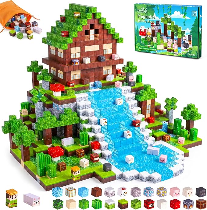 3 otters Magnetic Blocks 150PCS Forest Adventure Set, STEM Magnet Cubes & Magnetic Tiles Build Forest World Toys for Kids, Sensory Stacking Gifts for Boys & Girls Birthday