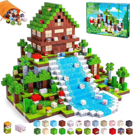 3 otters Magnetic Blocks 150PCS Forest Adventure Set, STEM Magnet Cubes & Magnetic Tiles Build Forest World Toys for Kids, Sensory Stacking Gifts for Boys & Girls Birthday