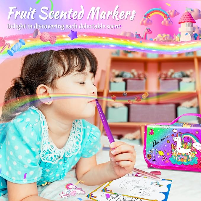weirtoya 56 PCS Washable Scented Markers with Glitter Pencil Case, Mermaid Unicorn Arts and Crafts for kids 4-6-8 Kids Coloring Drawing Kits for 4-8 Years Old Girls (Rainbow, 70)