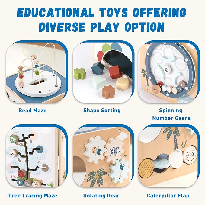 FReniland Wooden Montessori Activity Cube for Toddlers 1-3, 7-in-1 Baby Activity Center with Bead Maze, Shape Sorter, Number Gears & Discovery Mirror, Fine Motor Educational Toy for Boys & Girls