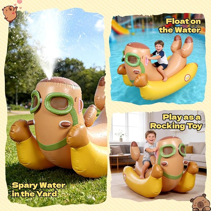 Capybara 72'' Pool Float for Kids with Sprinkler, Inflatable Pool Float, 3-in-1 Water Toy Pool Raft & Rocking Rider, Summer Outdoor Water Toys for Yard, Pool & Beach