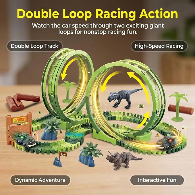 Dinosaur Race Track Toys for Boys 3-5, Double Loop Dinosaur Car Track Set, Flexible Adventure Race Track Playset for Boys Age 4-7 Birthday Gifts