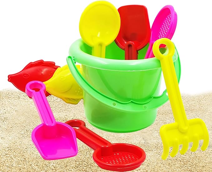 The Dreidel Company 12-Pack Mini Beach Day Playsets 3.25" Sand Bucket Play Set Box Includes, Pail, Shovel, Rake, Sifter Scoop, Dolphin Fish Sand Trays Toy for Boys and Girls Birthday Party Favor