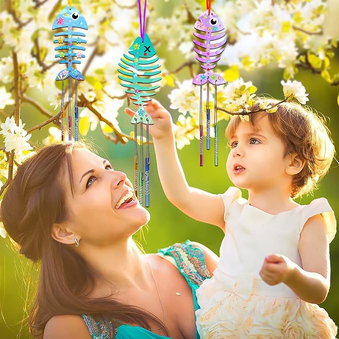 Fennoral 12 Pack Wind Chime Kit Spring Craft for Kids Wooden Arts and Crafts for Girls Boys Make Your Own Fish Craft Ornaments DIY Coloring for Summer Classroom Art Activities Birthday Party Gifts