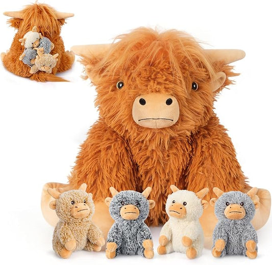 SuzziPals 5-in-1 Highland Cow Stuffed Animals with Babies Inside, 5PC Set Highland Cow Plush Mommy & 4 Babies, Soft Plushies Decor, Cute 3 to 8 Year Old Girl Gifts, Imaginative Play Toy (Cows)