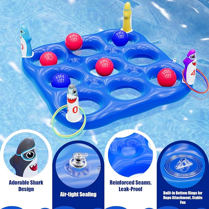 Shark Pool Toys Games Set, 2-in-1 Giant Inflatable Tic Tac Toe Float Game & Ring Toss Game with 10 Balls & 6 Rings, Outdoor Summer Fun Beach Yard Swimming Pool Games for Adults Teens Kids 6+