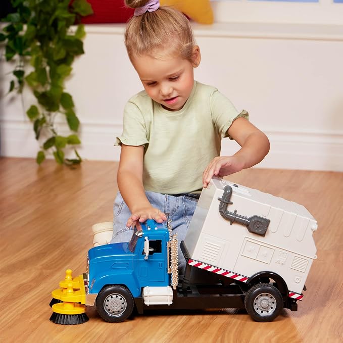 Driven by Battat – Large 18-Inch Electric Street Sweeper Kids ToysCars with Spinning Brushes & Lights – 1:16 Scale with Working Doors & Sounds – Tilting Container for 3+ Years