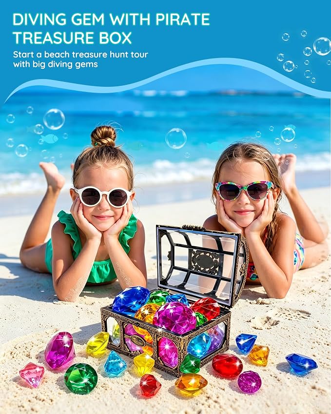 Swim Diving Games Pool Toys 17PCS Big Colorful Diamond Toy with Treasure Box Chest Summer Underwater Gemstone Outdoor Water Accessories for Kid Age 5 6 7 8 9 10 11 12 Year Old Girl Boy Stuff Fun Gift