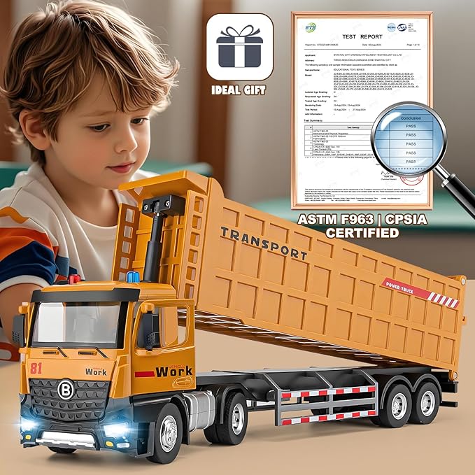 HAPYAD Dump Truck Toy Metal Cab, Big Trucks for Toddlers Boys 3-5, 16.5" | Large Semi Truck, Lights and Sounds, Friction Powered, Trucks for Toddlers 1-3 Boys, Diecast Construction Toys