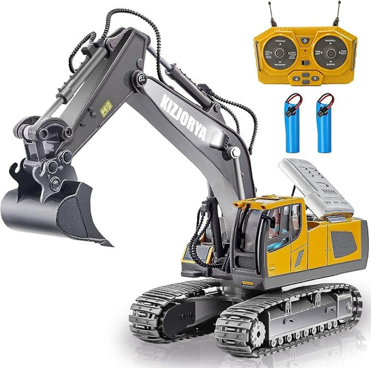 KIZJORYA Remote Control Excavator, Toys for Boys Age 6-12, Rechargeable 11 CH RC Construction Vehicles Truck with Sound Light Metal Shovel, Birthday for Kids 7 8 9 10+ Year Old(2.4 GHz)