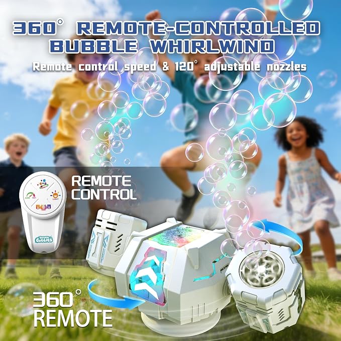 Remote Control Rotating Bubble Machine, Rechargeable Auto Bubble Blower for Kids Party Outdoor Gift