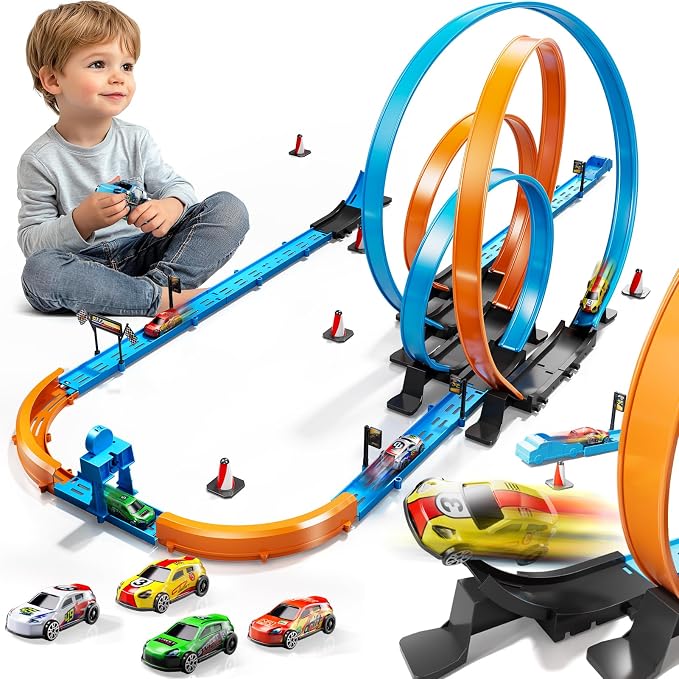 LILYBUDS Toy Car Race Track Set for Boys Kids Age 3-5 4-7, Race Tracks with 4 High-Speed Pull Back Race Cars and Crash Zones, Christmas Halloween Birthdays Gifts Toys for Boys Kids 4-6 8-12 Years Old