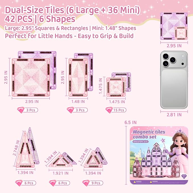 burgkidz Sparkling Glitter Magnetic Tiles for Girls Ages 3-8: 42PCS Pink & Purple Tiles with Storage Tin, Standard Size Compatible with Leading Brands, Dual Size Mix, Travel Friendly Birthday Gift
