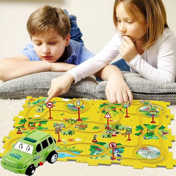 Christmas Stocking Stuffer 25PCS Puzzle Racer Kids Car Track Set, Dinosaur Puzzle Racer Car Track Set Puzzle Track Car Play Set Preschool Gifts for Kids Christmas Birthday Gift for Boys Girls