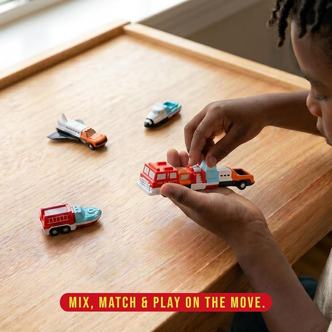 Popular Playthings Magnetic Vehicles for Toddlers 1–3, Mini Mix or Match Car Toys, Snap‑Together Interchangeable Parts for Creative Play, Travel‑Friendly Set of 4