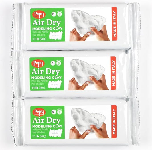 Pepy Premium European Air Dry Modeling Clay White 3 Pack 1.1 lb Bars, 3.3 lbs Total, Easy to Use Air-Hardening Clay for Classroom and Montessori Sculpting and Crafts Projects