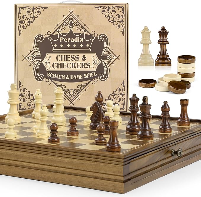 Peradix Magnetic Chess and Checkers Set with 2 Built-in Storage Drawers,15" Classic 2 in 1 Wooden Board Games, Magnetic Chess Pieces, 2 Extra Queens, Luxury Chess Set for Adults and Kids Gift Package