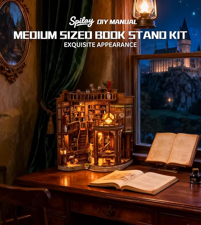 Spilay Book Nook Kit for Adults, Dreamy Book Hall DIY Miniature House Kit | With Warm LED Light, DIY Wooden Craft for Bookshelf Decor, Reading Nook Display, Book Lover Gifts & Home Decoration