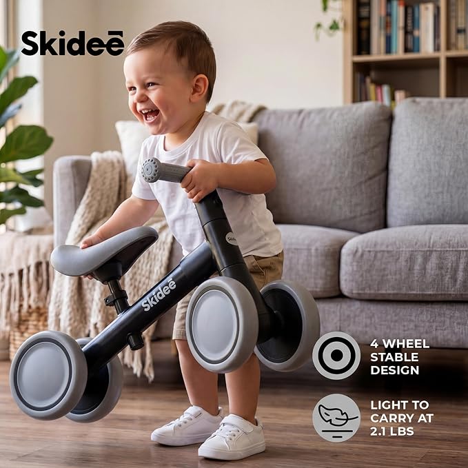 SKIDEE Toddler Balance Bike 1-3, 4-Wheel Balance Bike with Rare Light-Motion-Activated LED Wheels, Adjustable Height & Child Safe Steering, Lightweight Ride-On Toy Training Bike for Boys & Girls