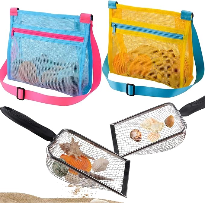 MUYIZI Beach Mesh Shovel with Mesh Beach Bag for Shell Collecting, Kids Sand Sifter for The Beaches,Shell Scooper for Beaches,Shark Tooth Sifter Dipper,Sea Shell Bags for Kids,Sand Toys (Yellow+Blue)