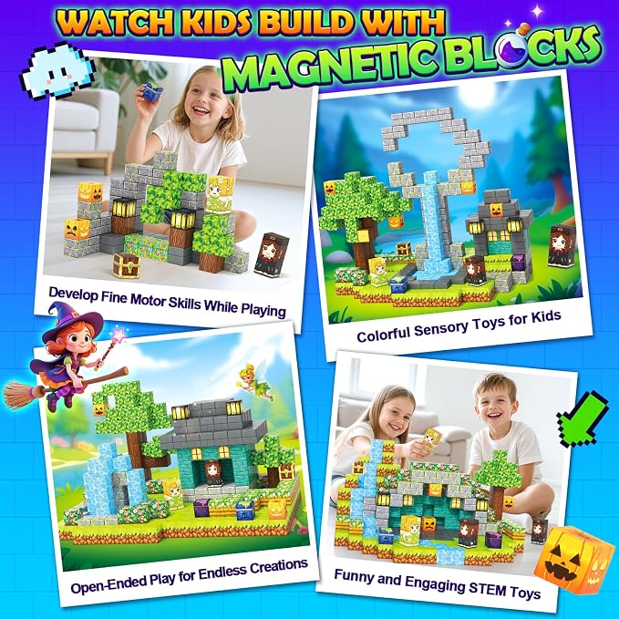 Gooidea Magnetic Blocks - 100 Building Blocks Mine Magnets Building Craft Autistic Kids Friendly Sensory Toys STEM Creative Toy Game for Kids Age 3-5 4-6 5-7 8-12 - Magical Enchanted Playset