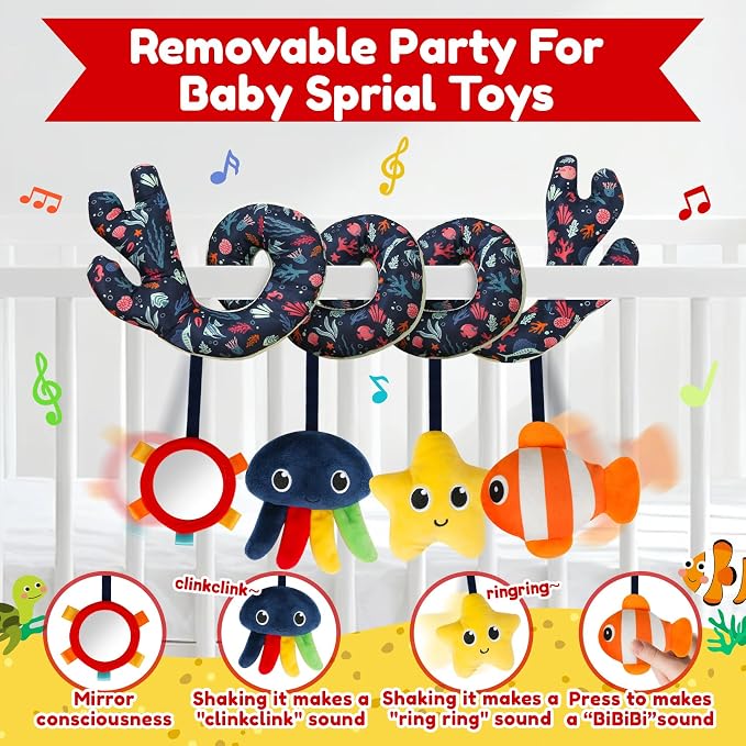 TSYAN Spiral Car Seat & Stroller Activity Toy,Car Seat Toys for Babies 0-6 Months Boy,Baby Spiral Hanging Plush Activity Toys Thank You Gifts for Newborn 0 3 6 9 12 Months Baby Boys Girls