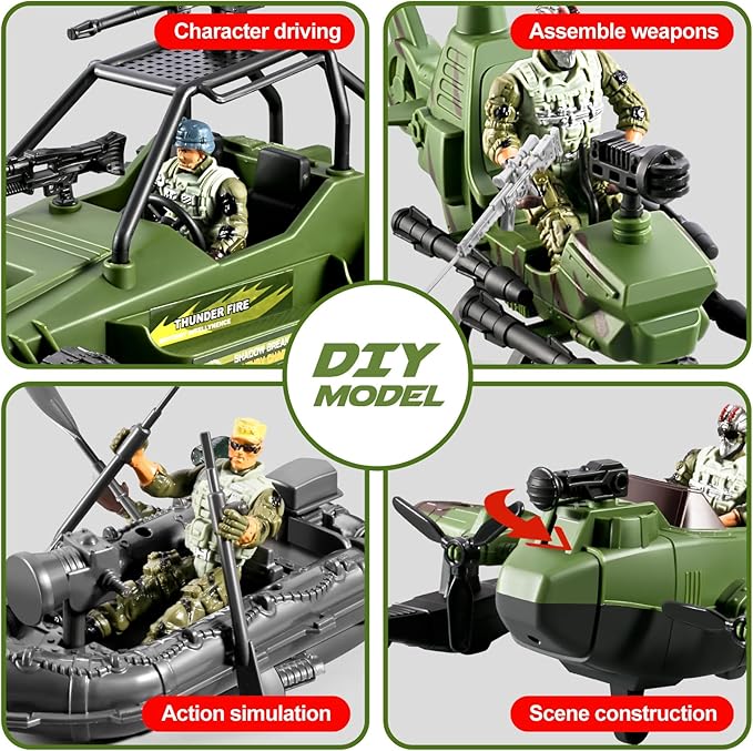 58-in-1 Army Men Toys for Boys 4-7 6-8 8-12, Military Truck/Helicopter/Kayak Boat/Motorcycle/Army Men Action Figures/Weapon Gears, Army Toys for Boys Kids Birthday Gifts Party Favors