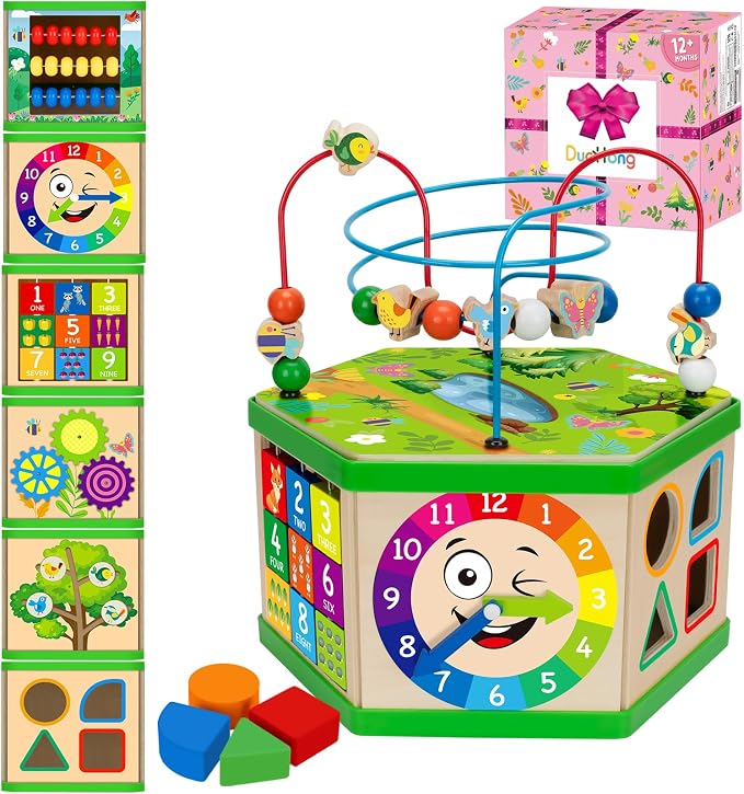 Wooden Activity Cube for 12-18 Month, 1 Year old Boys & Girls, 7-in-1 STEM Montessori Early Developmental Learning Toys for Kids Aged 1-2, Ideal 1st Birthday Gift Toys for Baby, Toddlers (Pink)