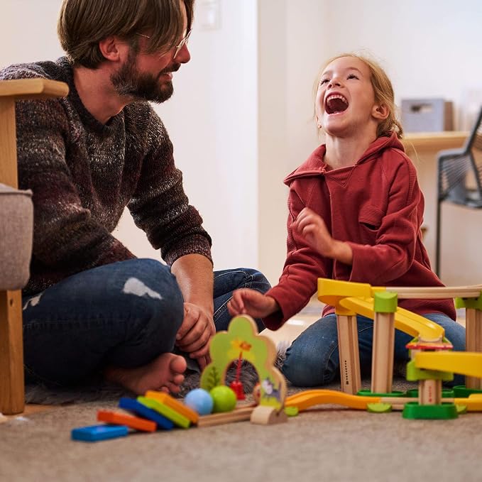 HABA Kullerbu Sim-Sala-Kling - 38 Piece Wooden & Plastic Train Track Set for Balls with Musical Effects and Domino Blocks