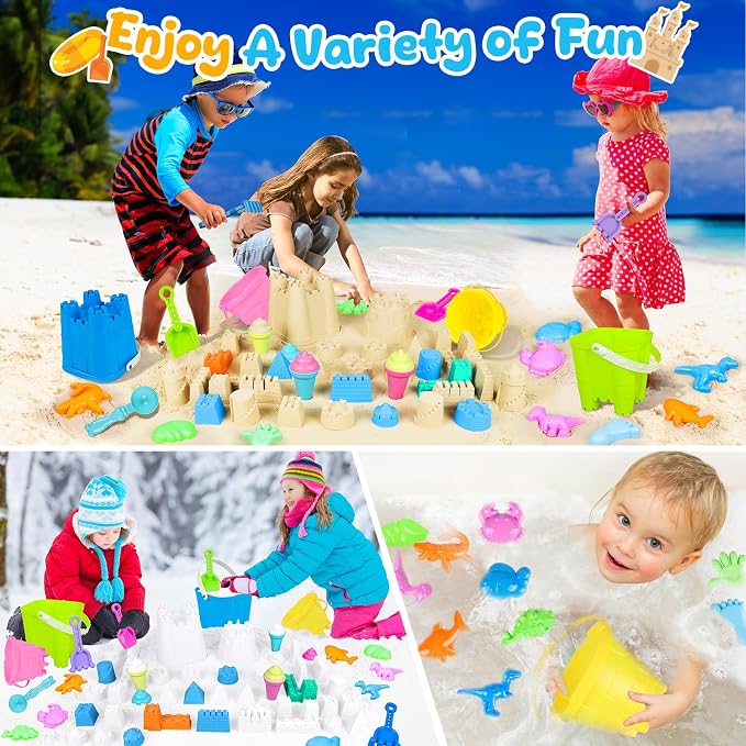 REZUCREY Beach Toys for Kids Toddlers, Sand Castle Toys with 4 Sand Bucket and Shovels, Mesh Bag & Molds, Ice Cream Travel Sandbox for Beach Sandbox for Toddlers Kids Baby Boys Girls Age 3-10