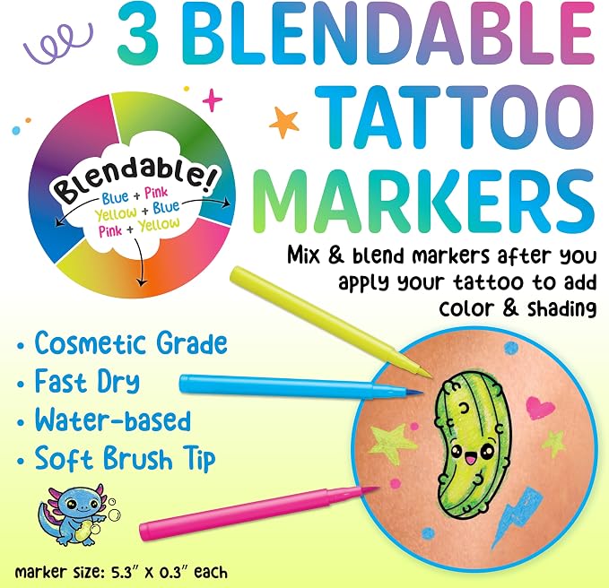 Creativity for Kids Color-In Neon Tattoos Mini Kit | Customize 18 Trendy Designs with Temporary Tattoo Markers | DIY Craft Kit for Kids | Great Activities for Summer (Ages 6+)