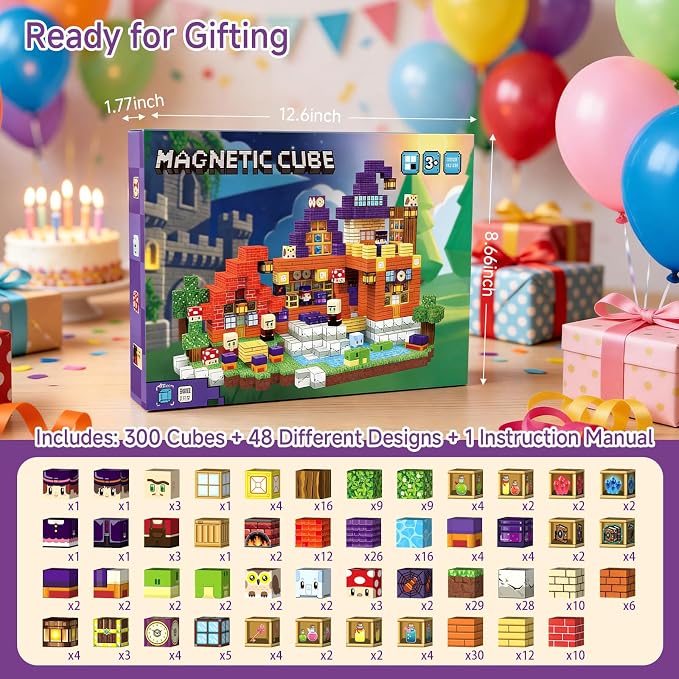 Magnetic Blocks for Kids 3-5: 300 Pcs Magic Forest Building Toys with 48 Patterns - 0.8" Pixel Sensory Cubes for Creative Construction - Birthday Gift for Boys Girls Age 3 4 5 6 7 8 Year Old