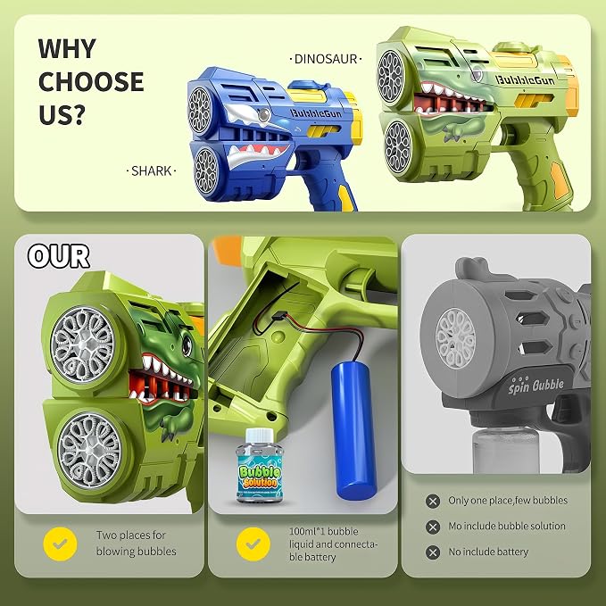 Rechargeable Green Dinosaur Bubble Guns for Kids, LED Light Up Bubble Machine Blower with Bubble Refill Solution for Kids, Bubble Makers Blaster for Toddlers, Summer Wedding Toys Gift