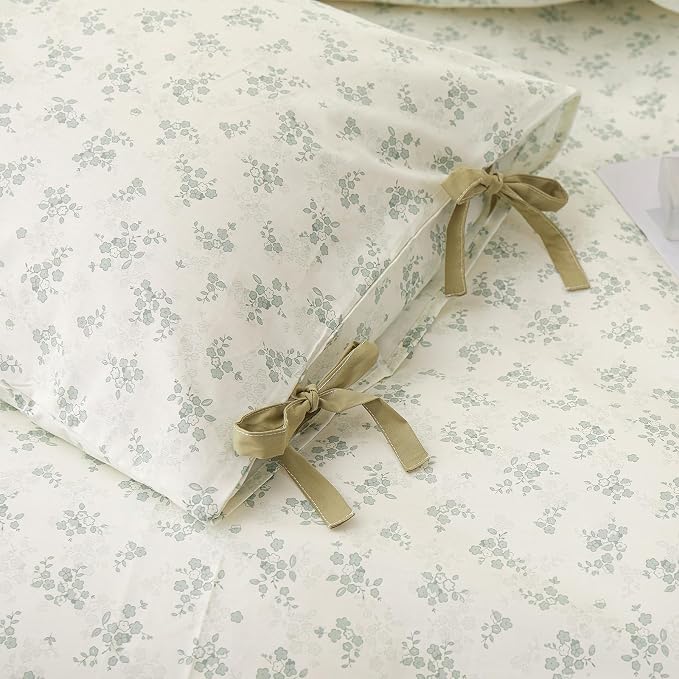 Twin XL Comforter Set Vintage Floral Comforter Bedding Set, Aesthetic Coquette Botanical Green Flowers Comforter with 2 Bow Ties Pillowcases, Lightweight Cottagecore Comforter Set for All Season
