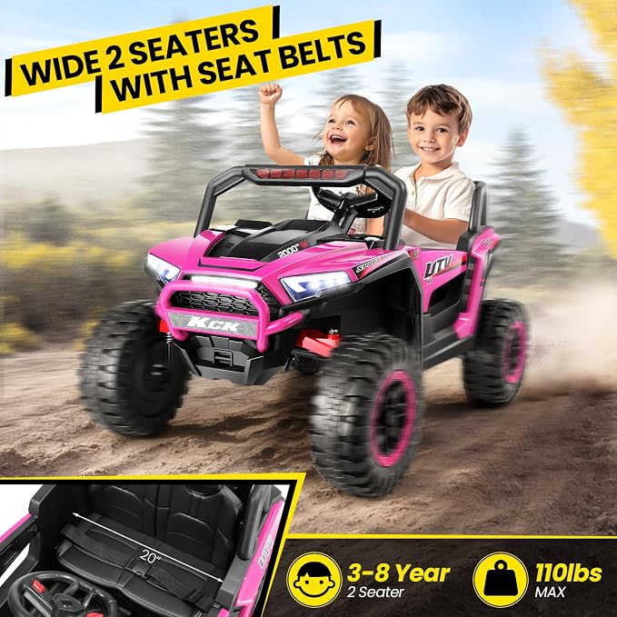 Hikole 24V Ride on Toys for Boys&Girl, 2 Seater Kids UTV with Parent Remote, 400W Battery Motors Operated, XXL Design, Steering Wheels, Easy to Assemble, Dashboard/LED/Horn/Bluetooth, Hot Pink